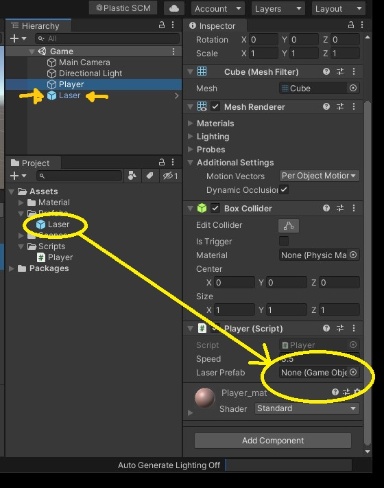 Player Inspector before dragging Laser asset from Prefabs